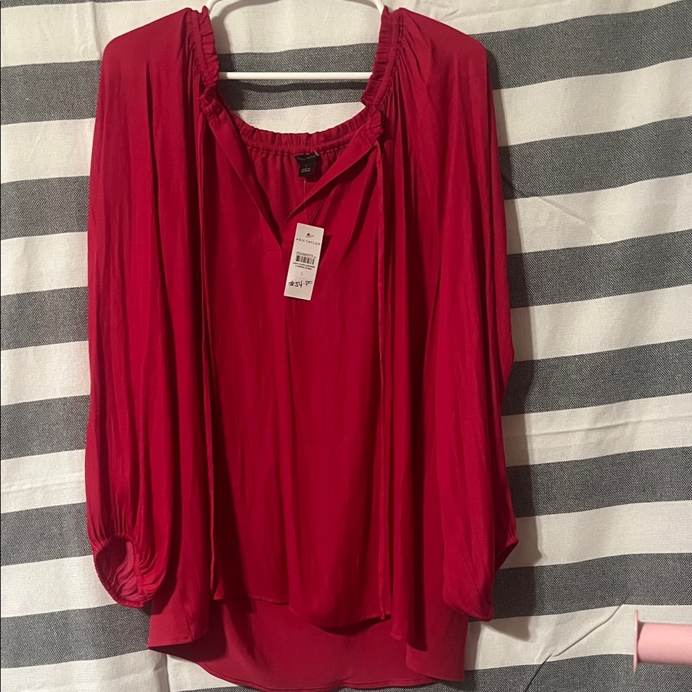 Ann Taylor Vibrant Red Blouse with Ruched Neckline